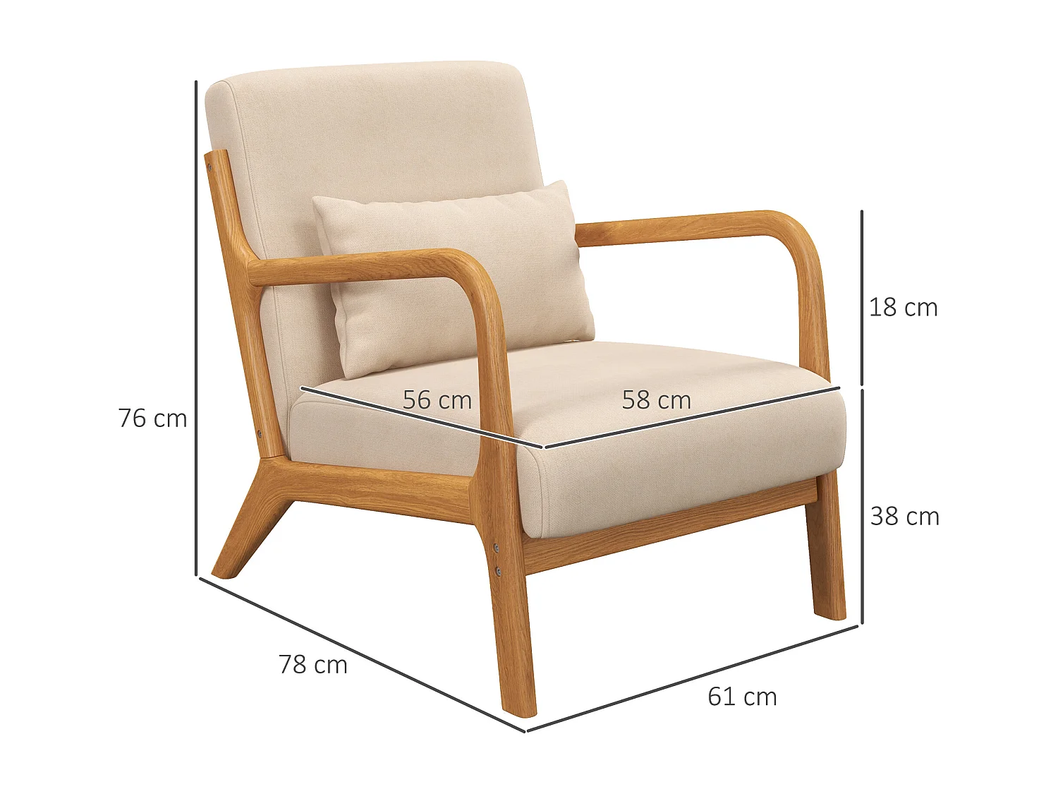 Fauteuil lounge - 3 coussins inclus - assise profonde - accoudoirs - structure bois hévéa - aspect velours beige