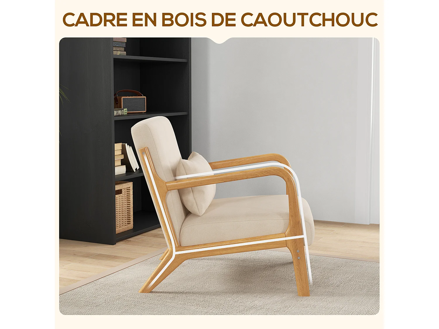 Fauteuil lounge - 3 coussins inclus - assise profonde - accoudoirs - structure bois hévéa - aspect velours beige