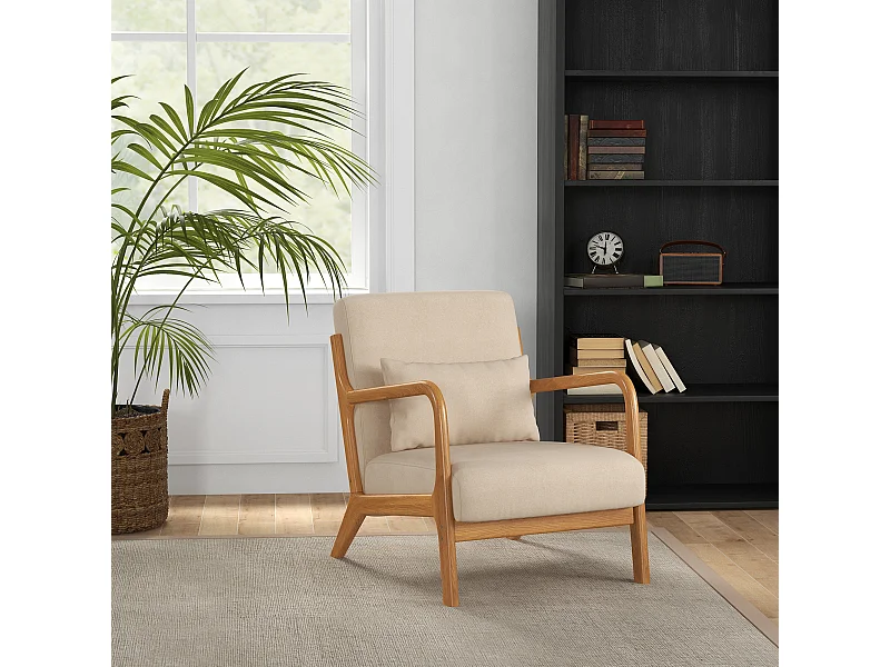 Fauteuil lounge - 3 coussins inclus - assise profonde - accoudoirs - structure bois hévéa - aspect velours beige