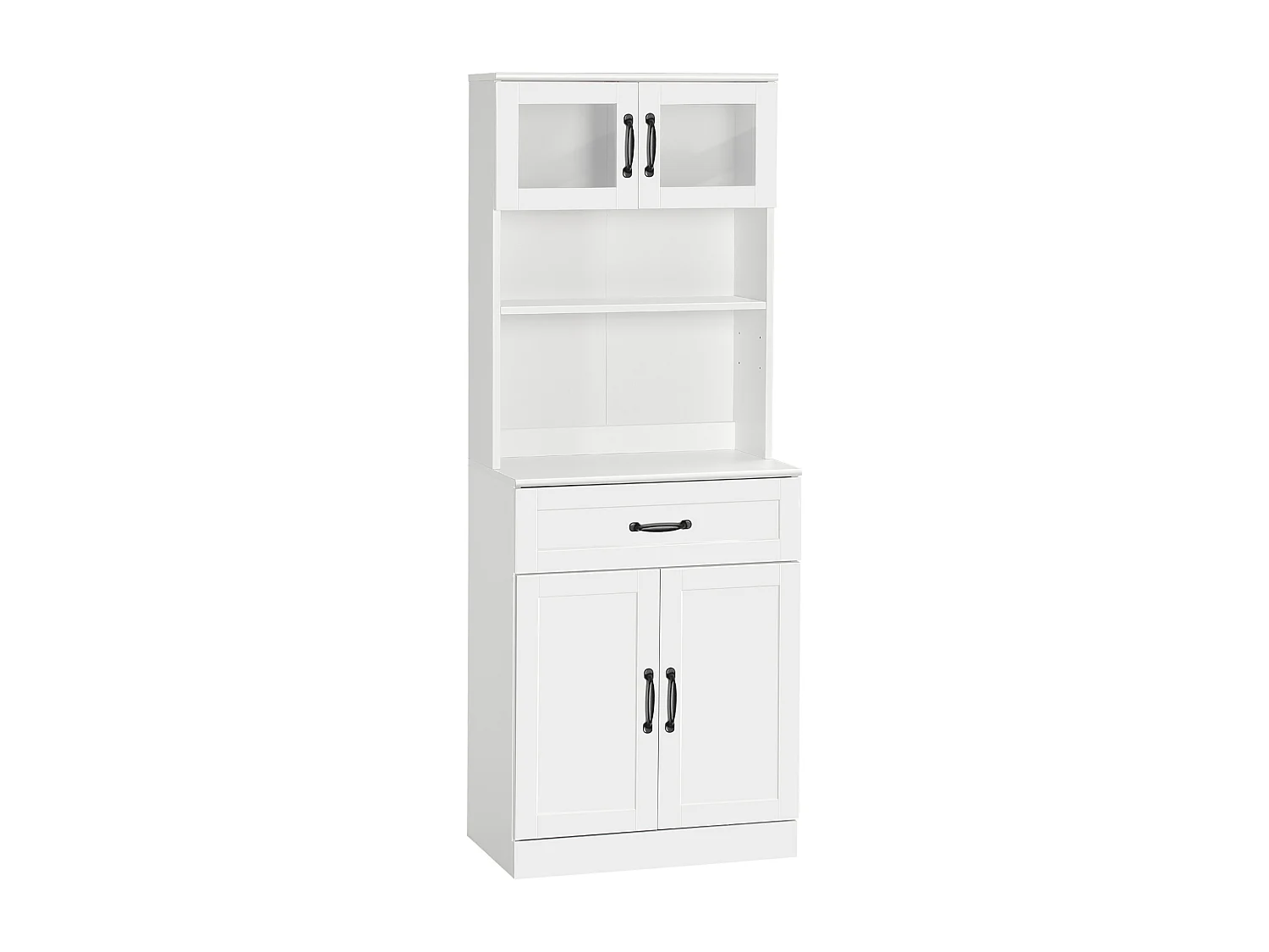 Buffet haut 4 portes étagère niche tiroir coulissant plan de travail poignées métal noir verre trempé MDF blanc