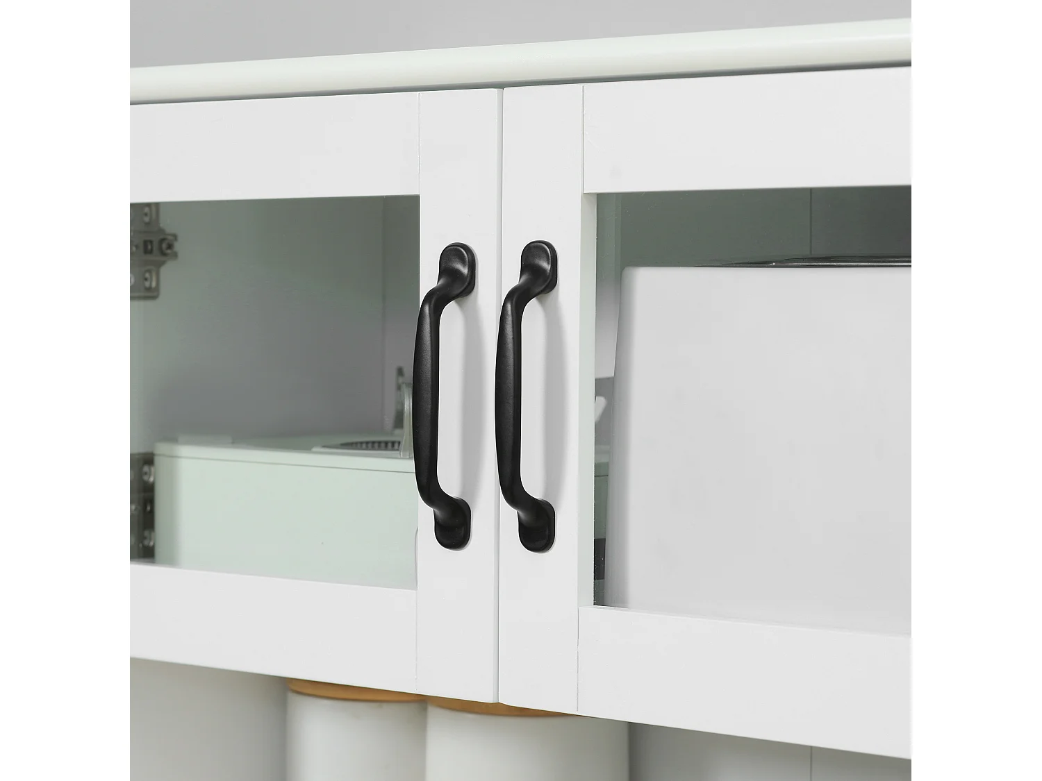 Buffet haut 4 portes étagère niche tiroir coulissant plan de travail poignées métal noir verre trempé MDF blanc