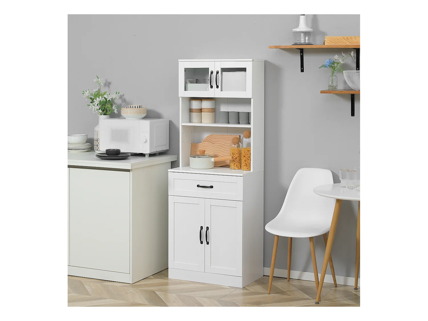 Buffet haut 4 portes étagère niche tiroir coulissant plan de travail poignées métal noir verre trempé MDF blanc