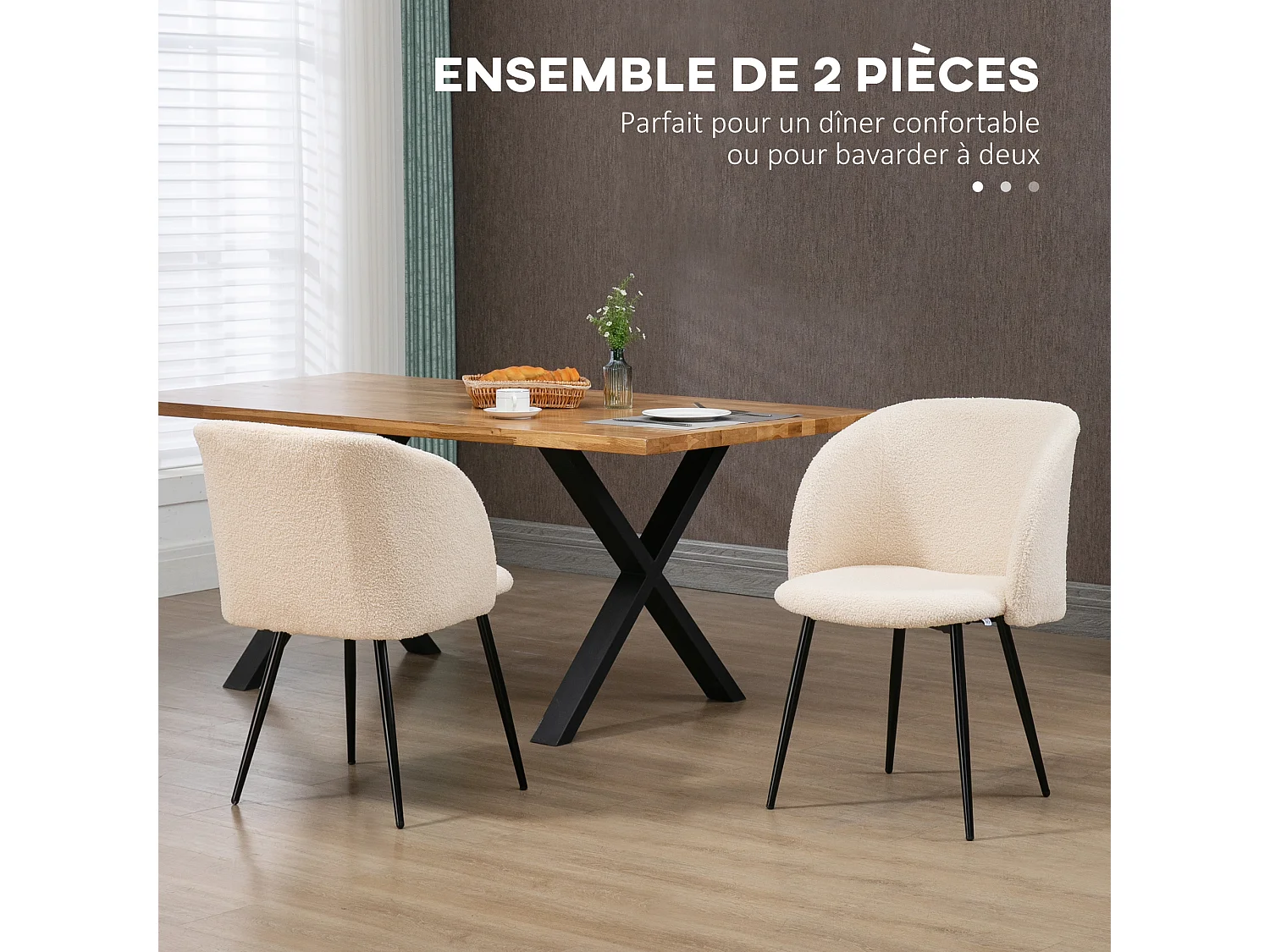 Chaises de visiteur design - lot de 2 chaises - piètement incliné effilé acier noir - revêtement effet laine bouclée beige