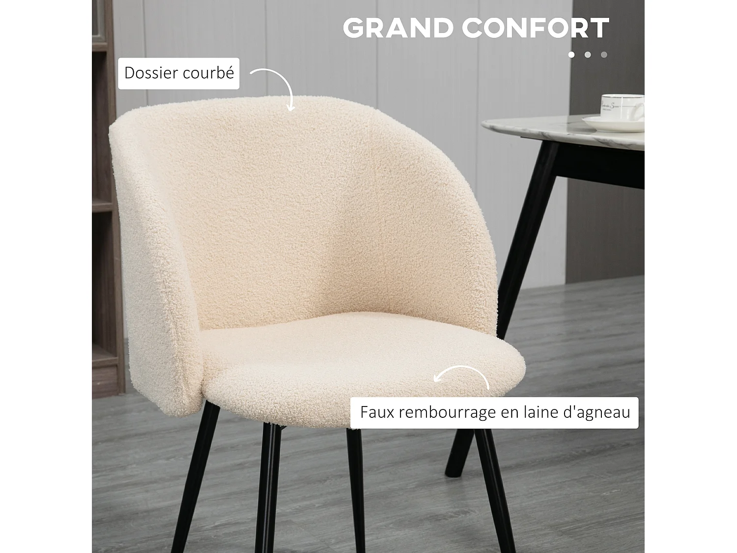 Chaises de visiteur design - lot de 2 chaises - piètement incliné effilé acier noir - revêtement effet laine bouclée beige