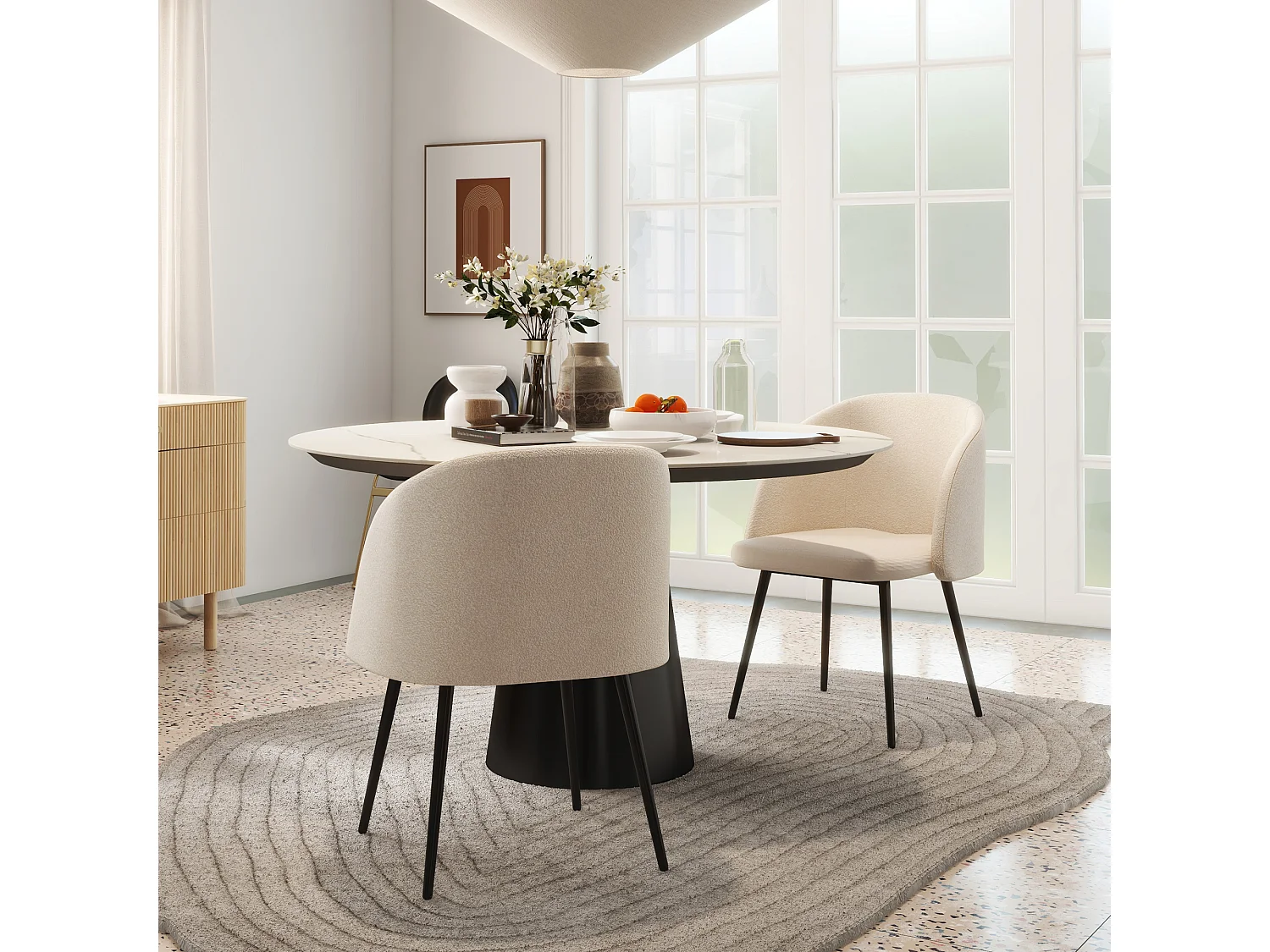 Chaises de visiteur design - lot de 2 chaises - piètement incliné effilé acier noir - revêtement effet laine bouclée beige