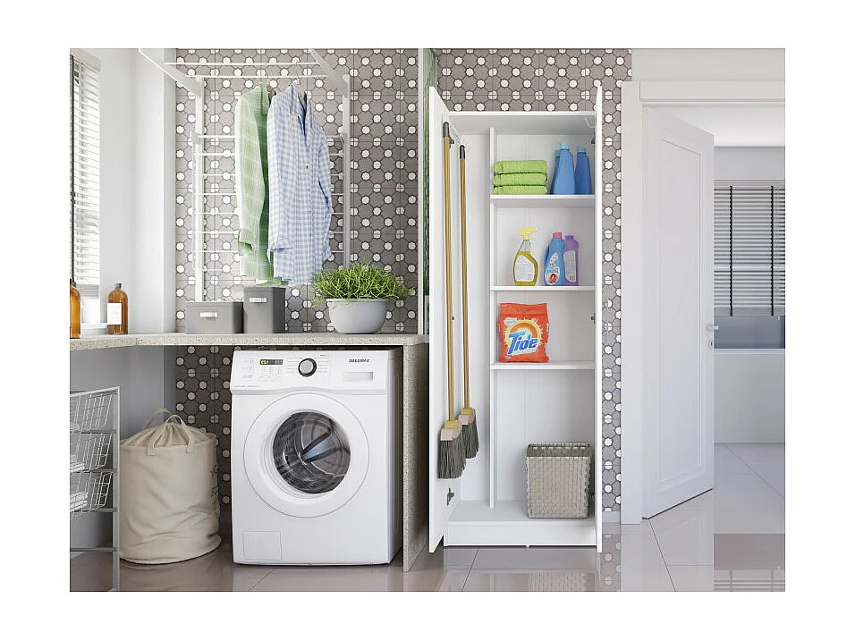 Armoire de Buanderie et Cellier Blanche 5 Niches L 61 H 170 P 31.8 cm