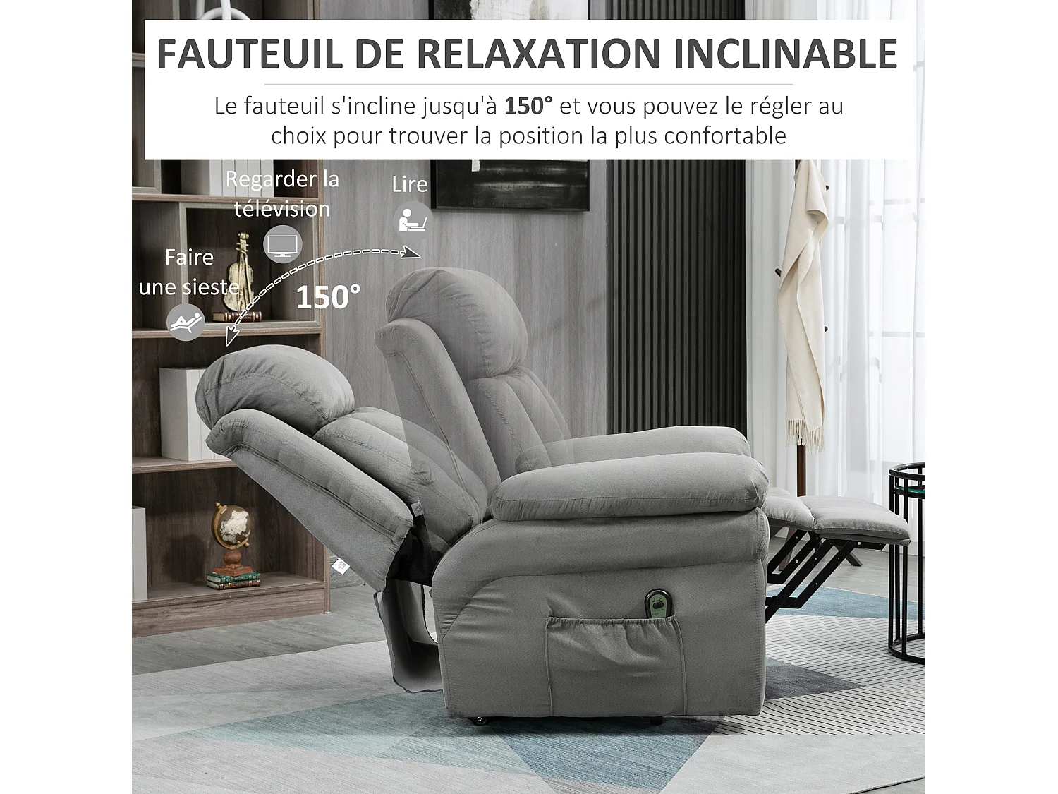 Fauteuil de relaxation électrique fauteuil releveur inclinable avec repose-pied ajustable tissu gris