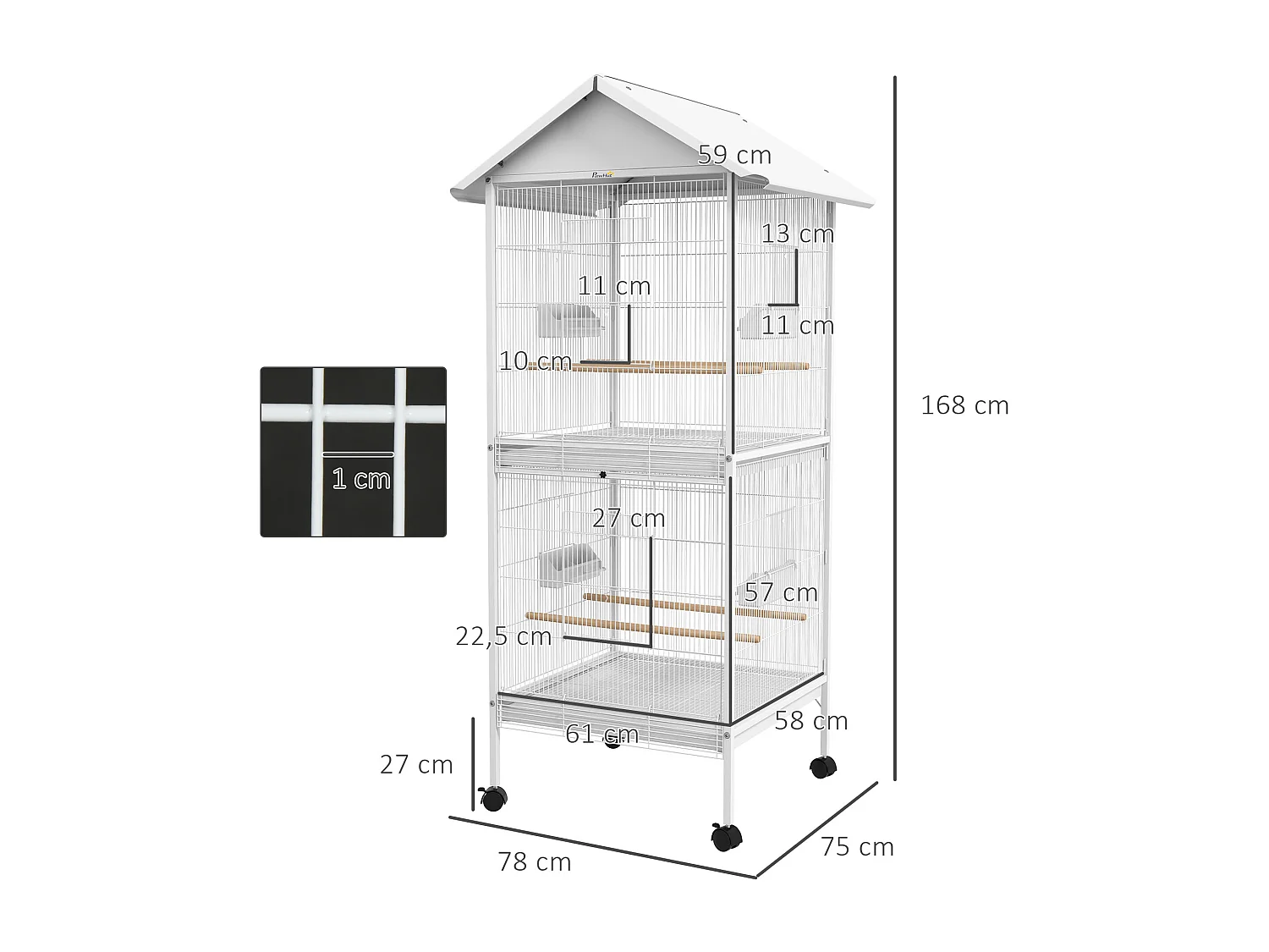 Volière cage à oiseaux sur roulettes design maison mangeoires perchoirs 10 portes plateaux excréments amovibles acier blanc
