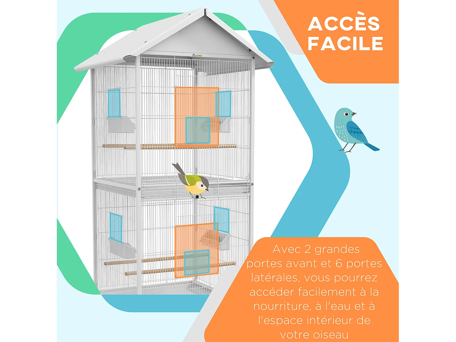 Volière cage à oiseaux sur roulettes design maison mangeoires perchoirs 10 portes plateaux excréments amovibles acier blanc