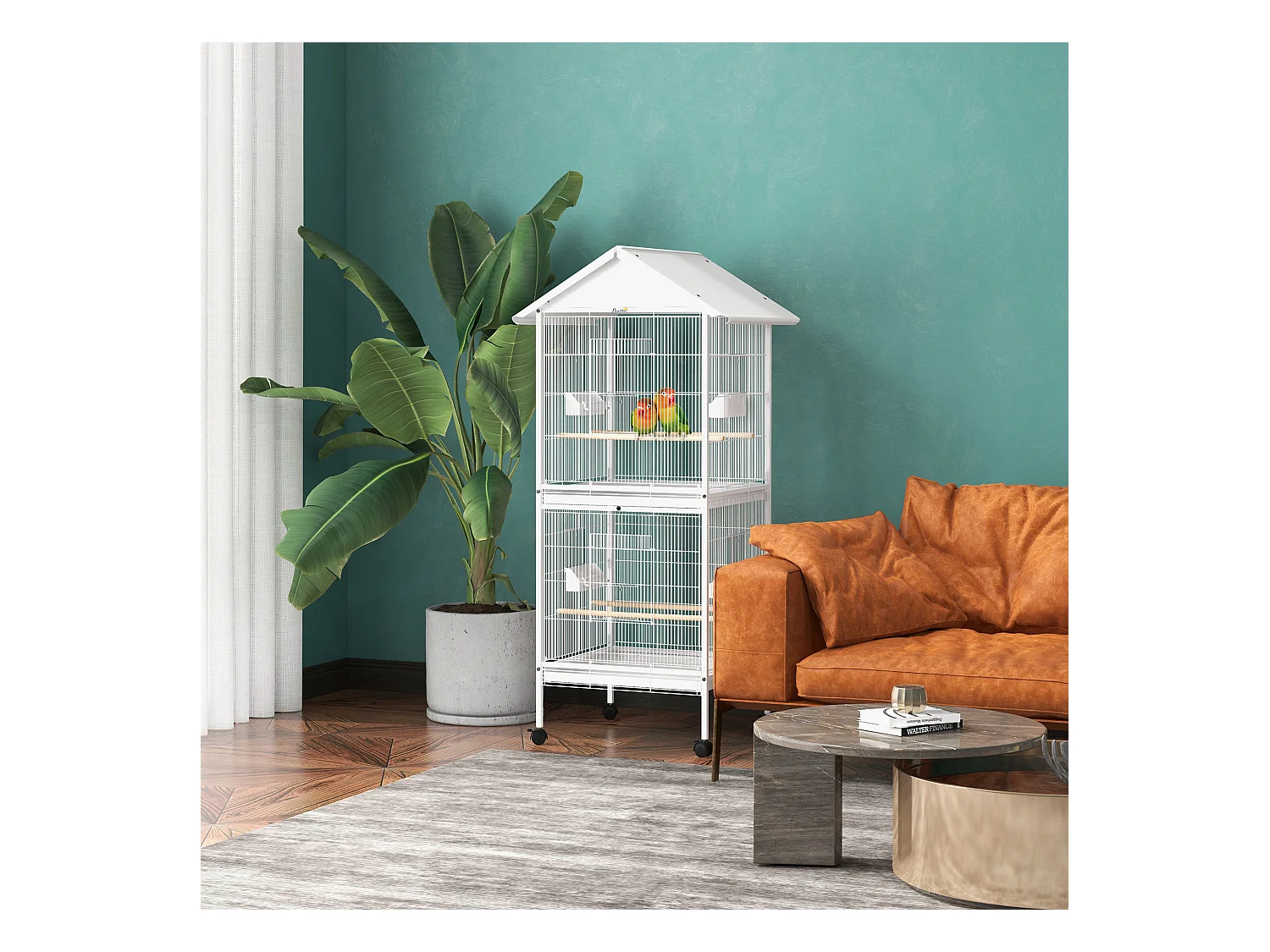 Volière cage à oiseaux sur roulettes design maison mangeoires perchoirs 10 portes plateaux excréments amovibles acier blanc