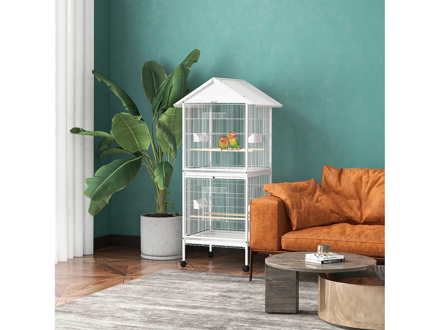 Volière cage à oiseaux sur roulettes design maison mangeoires perchoirs 10 portes plateaux excréments amovibles acier blanc