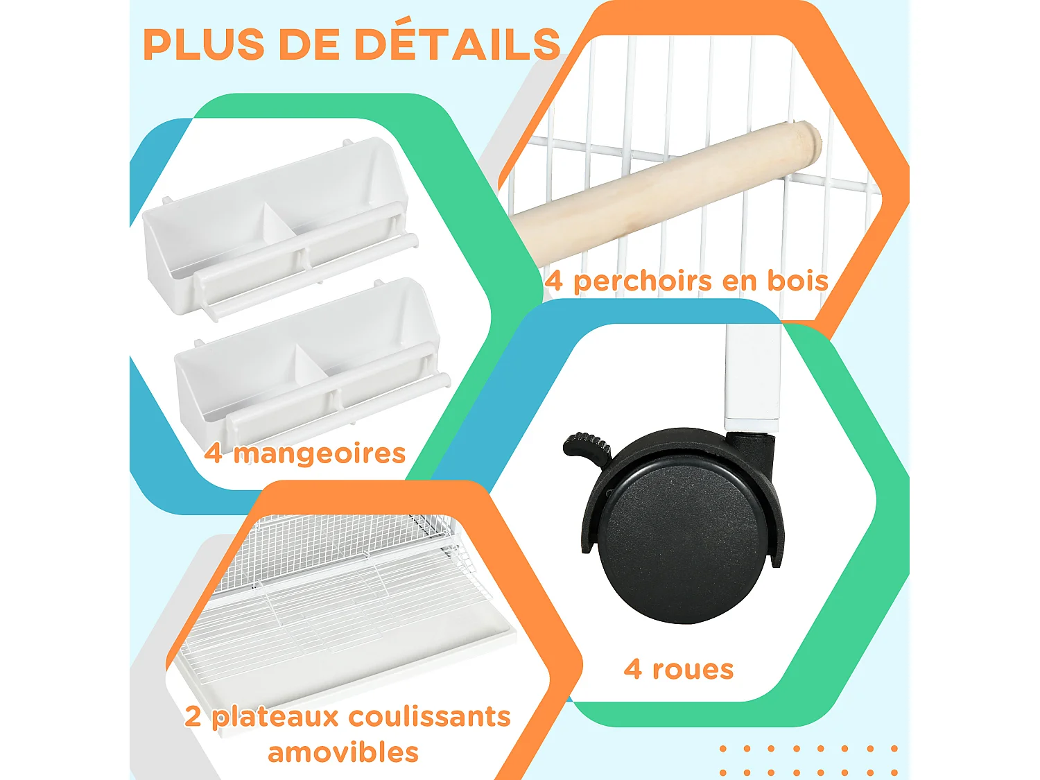 Volière cage à oiseaux sur roulettes design maison mangeoires perchoirs 10 portes plateaux excréments amovibles acier blanc