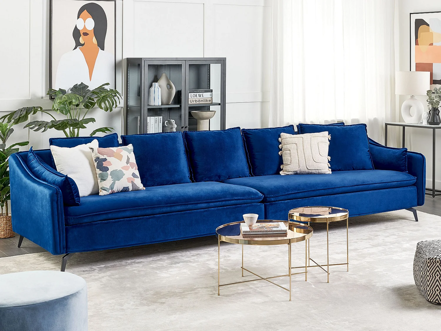 4-Sitzer Sofa Samt blau mit mehreren Kissen Wohnlandschaft Modern Glamourös Aure