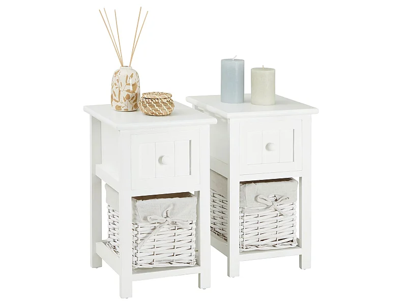 Lot de 2 tables de chevet MESSINA table de nuit avec 1 tiroir et 1 panier, en bois blanc