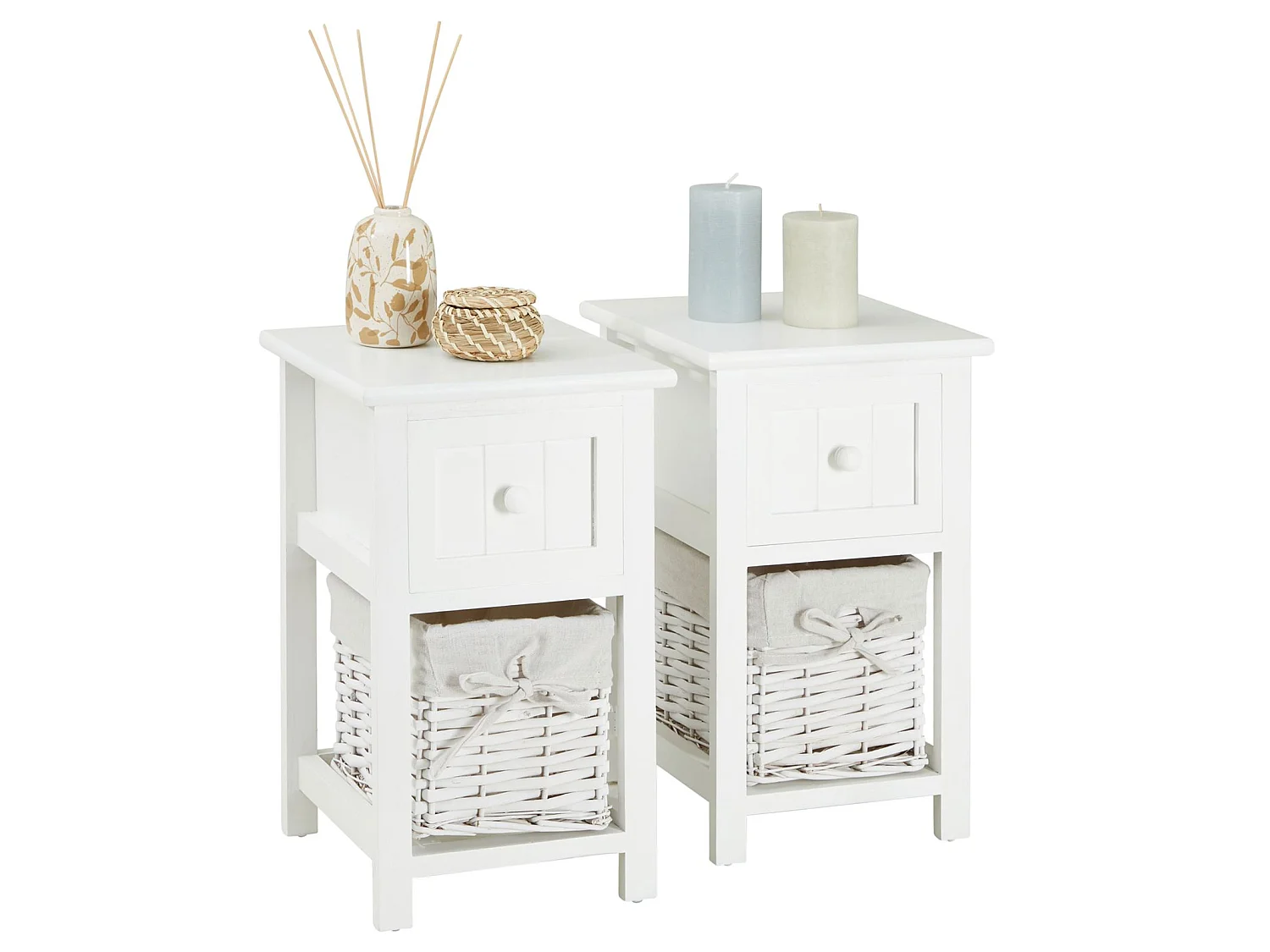 Lot de 2 tables de chevet MESSINA table de nuit avec 1 tiroir et 1 panier, en bois blanc