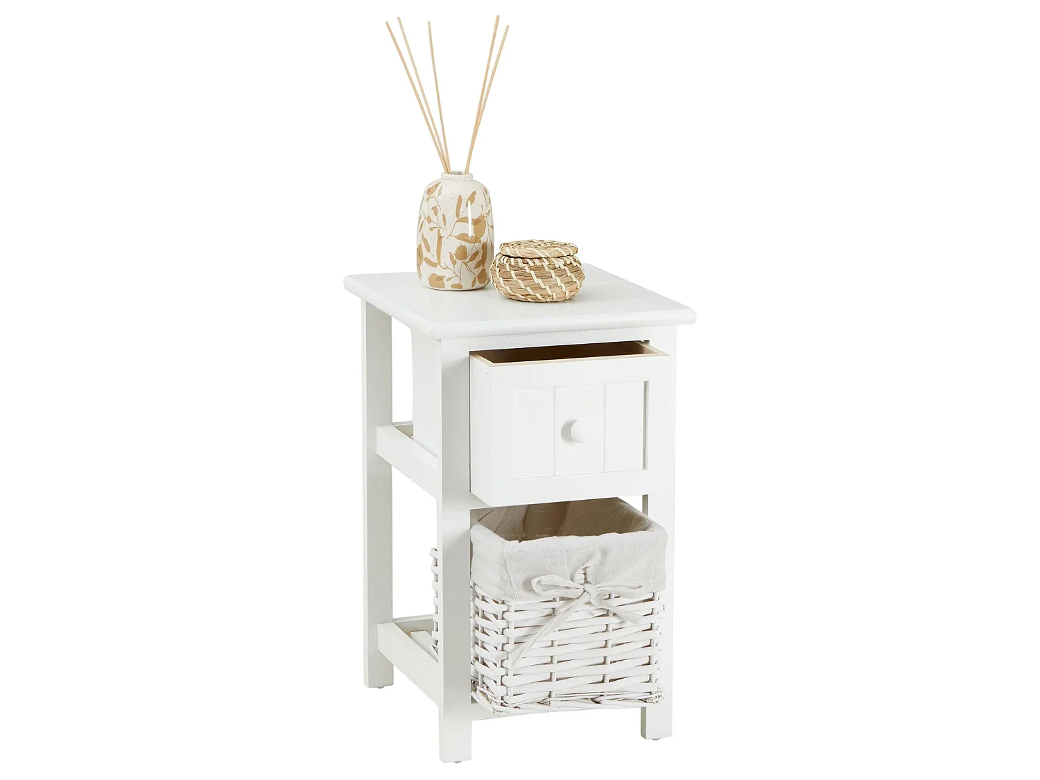 Lot de 2 tables de chevet MESSINA table de nuit avec 1 tiroir et 1 panier, en bois blanc