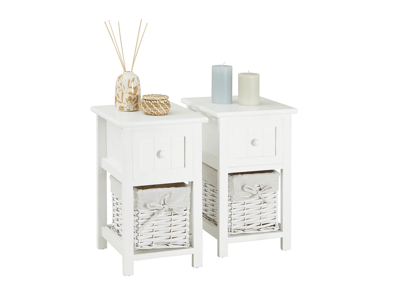 Lot de 2 tables de chevet MESSINA table de nuit avec 1 tiroir et 1 panier, en bois blanc