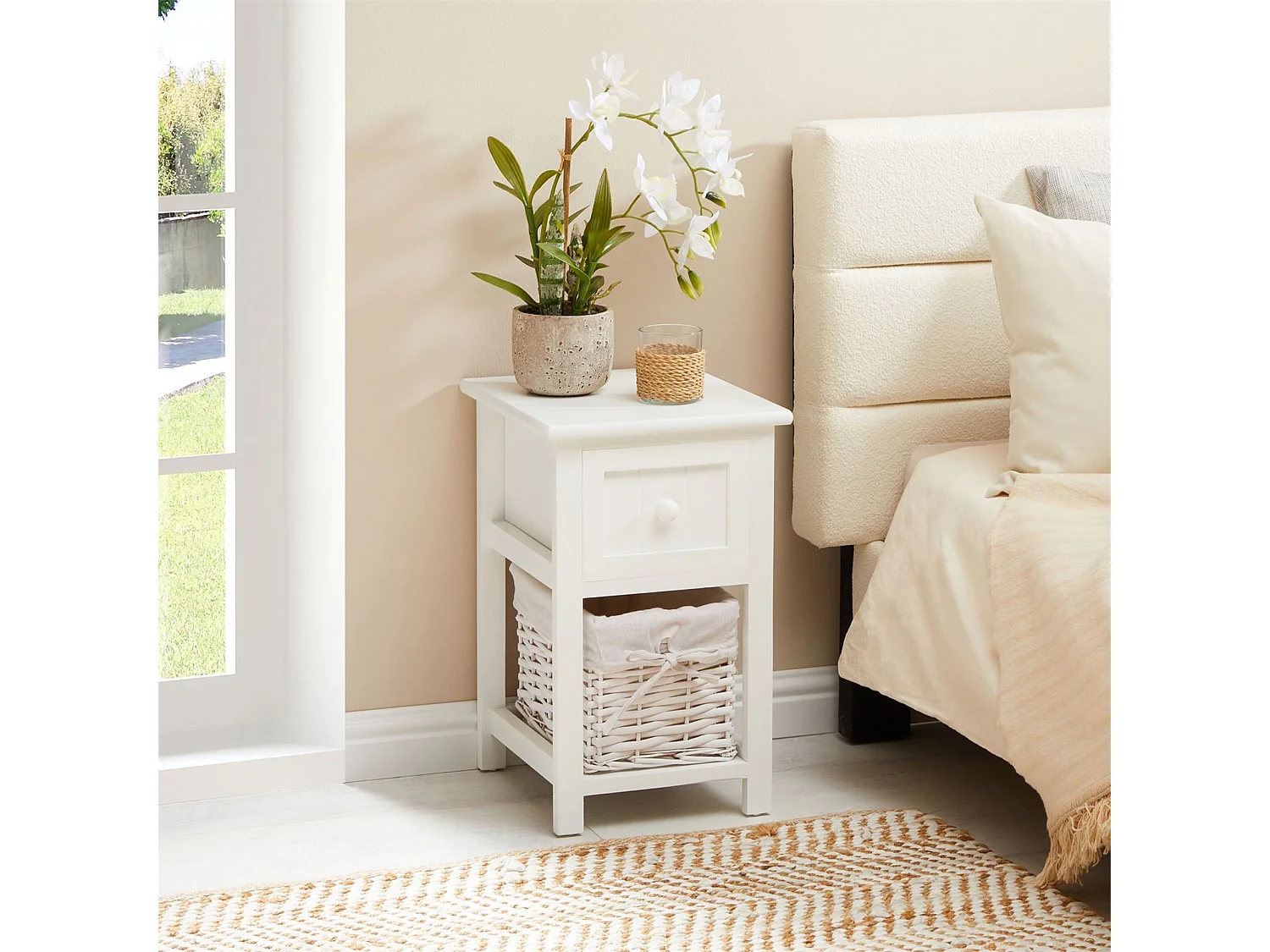 Lot de 2 tables de chevet MESSINA table de nuit avec 1 tiroir et 1 panier, en bois blanc