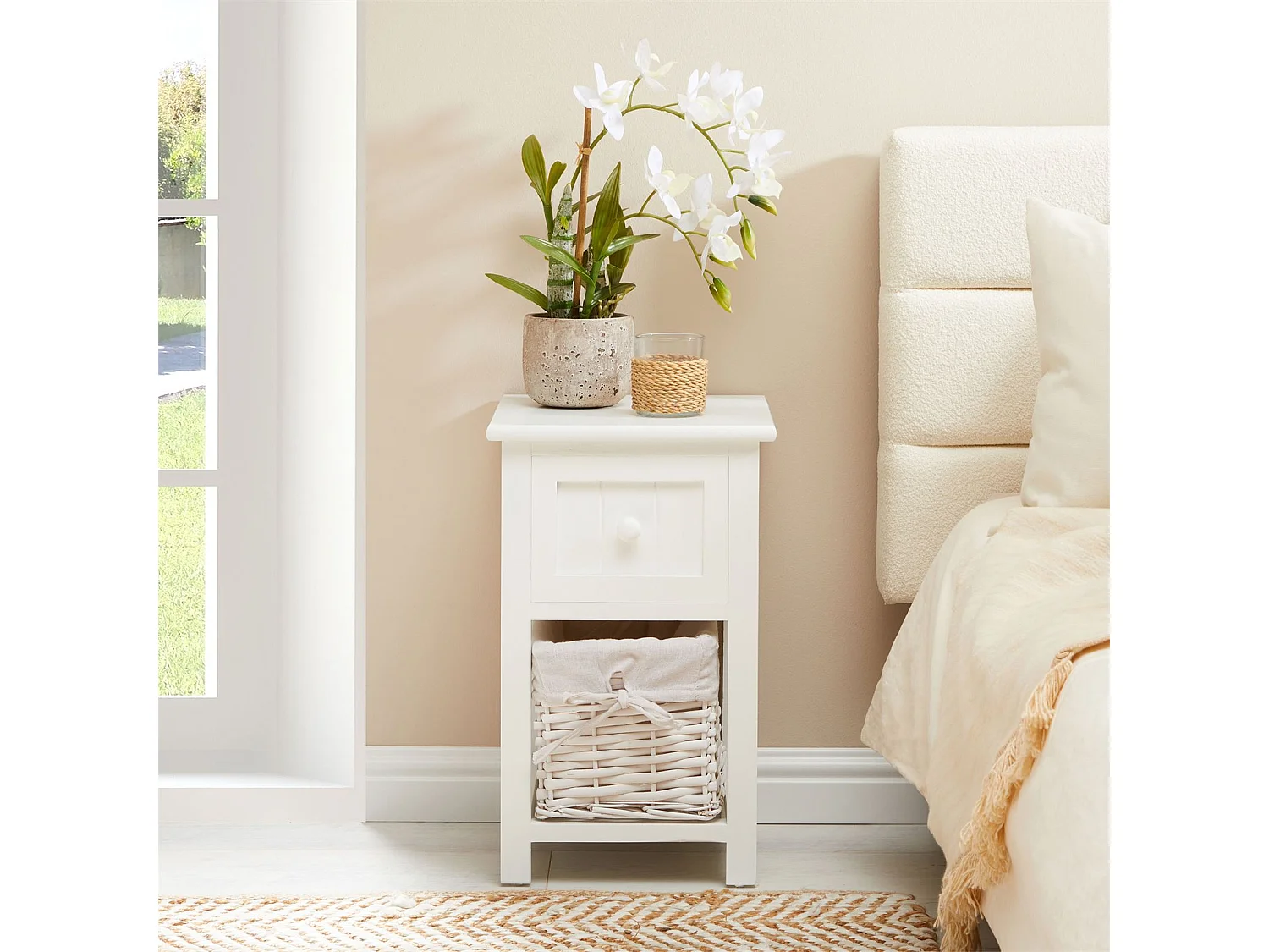 Lot de 2 tables de chevet MESSINA table de nuit avec 1 tiroir et 1 panier, en bois blanc