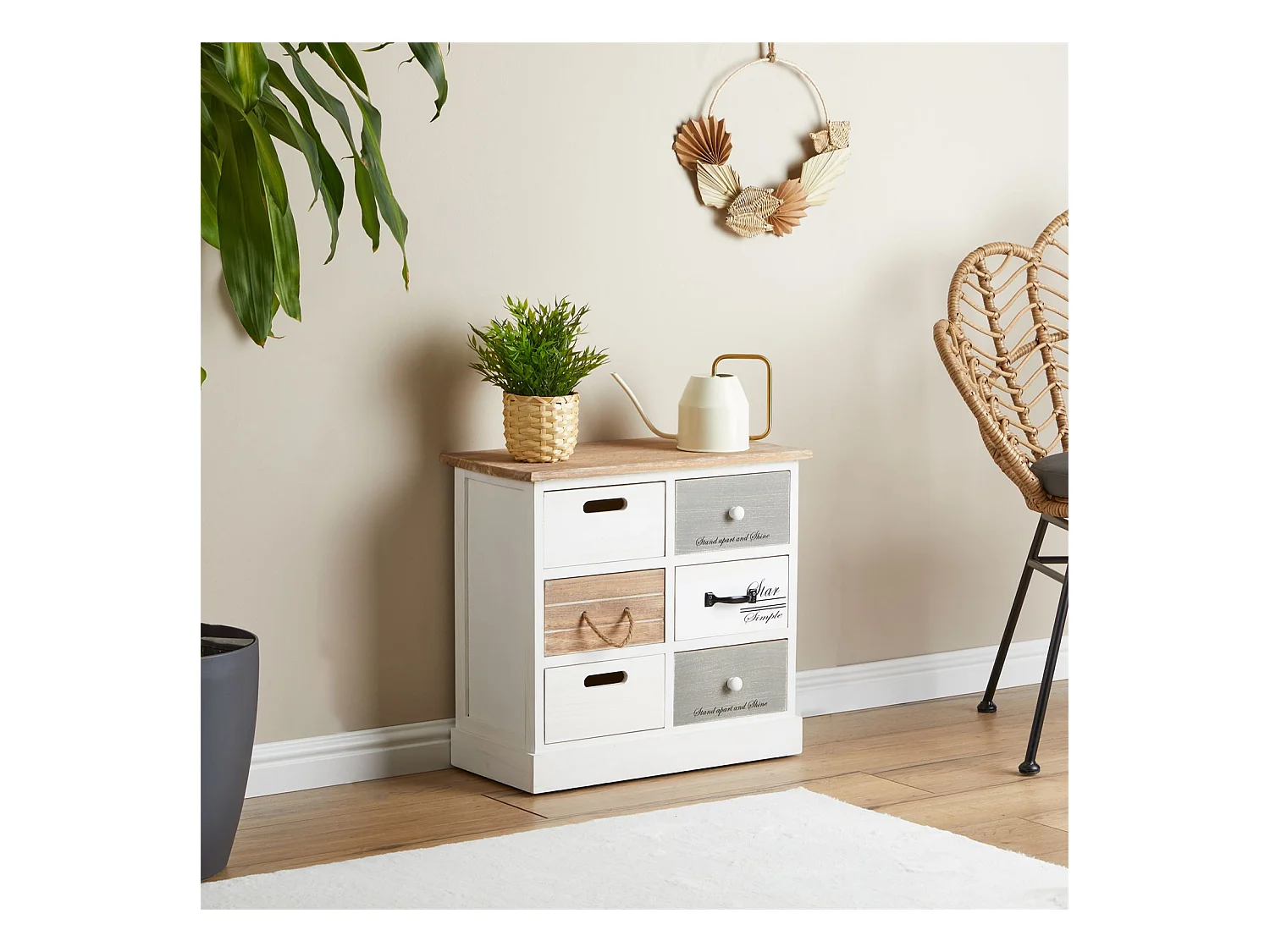 Chiffonnier SALVA commode 3-2 tiroirs en bois de paulownia style shabby chic vintage rustique blanc