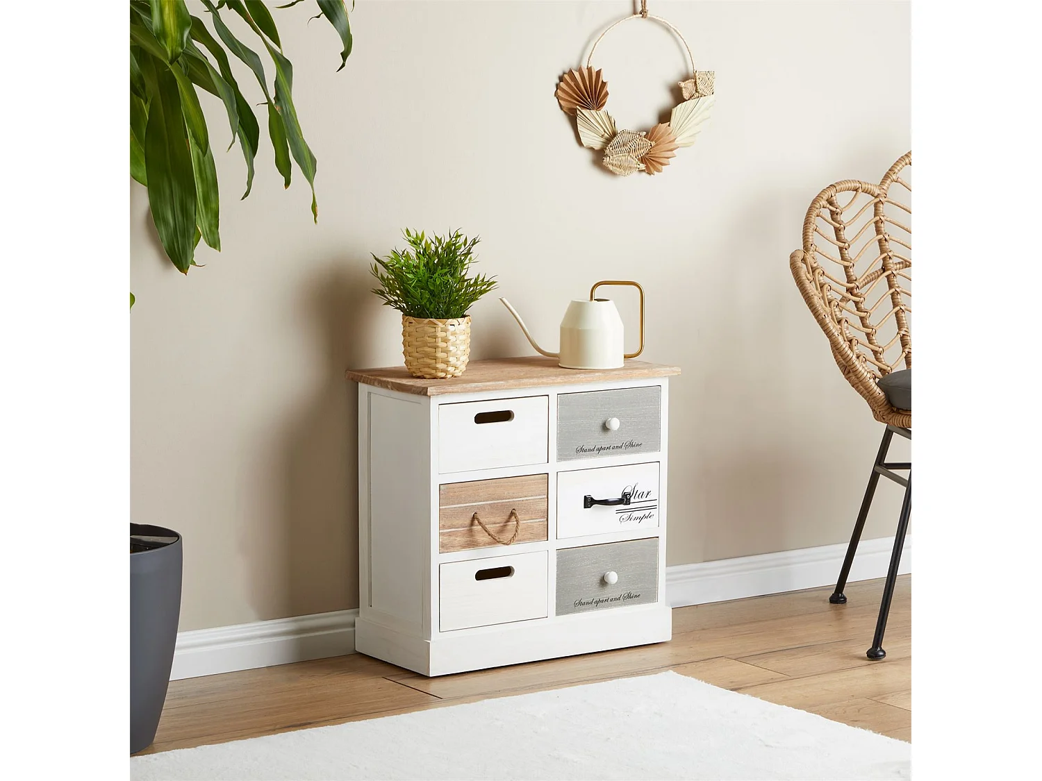 Chiffonnier SALVA commode 3-2 tiroirs en bois de paulownia style shabby chic vintage rustique blanc