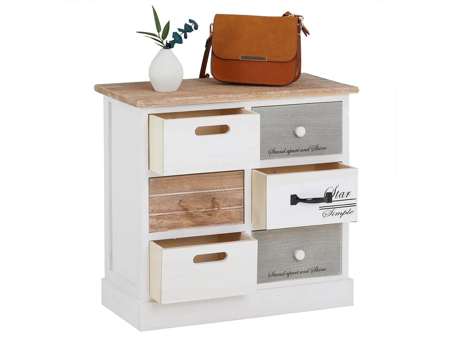 Chiffonnier SALVA commode 3-2 tiroirs en bois de paulownia style shabby chic vintage rustique blanc