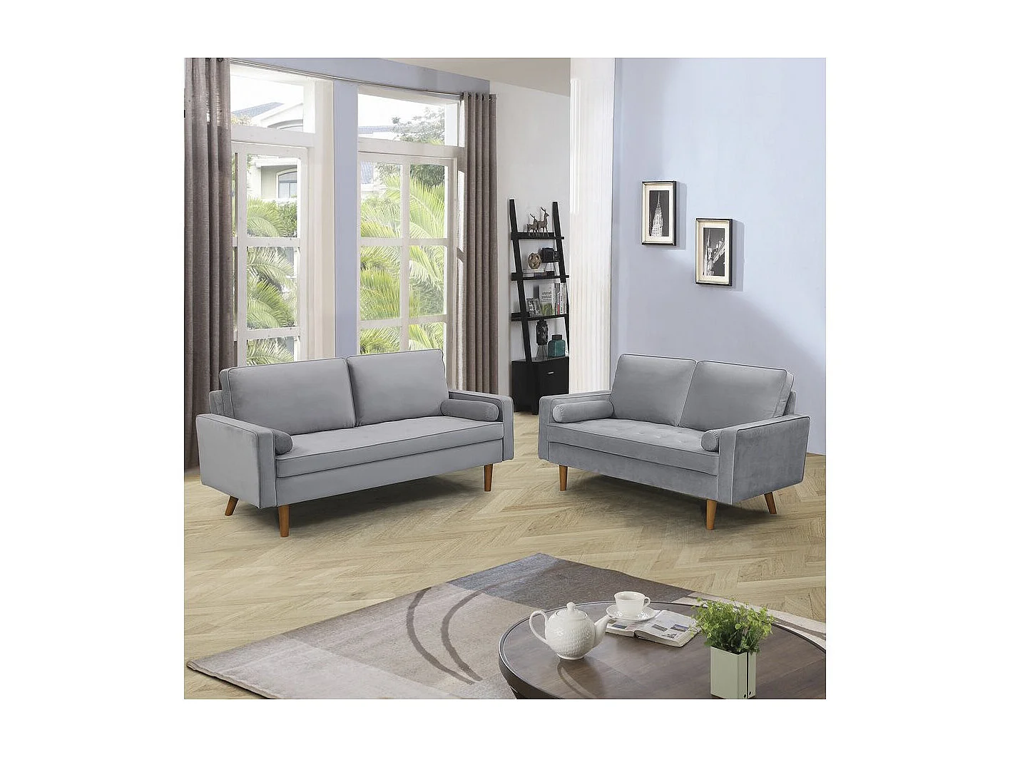 Canapé fixe en velours "Yannick" - 82 x 147 x 86 cm - 2 places - Gris clair.