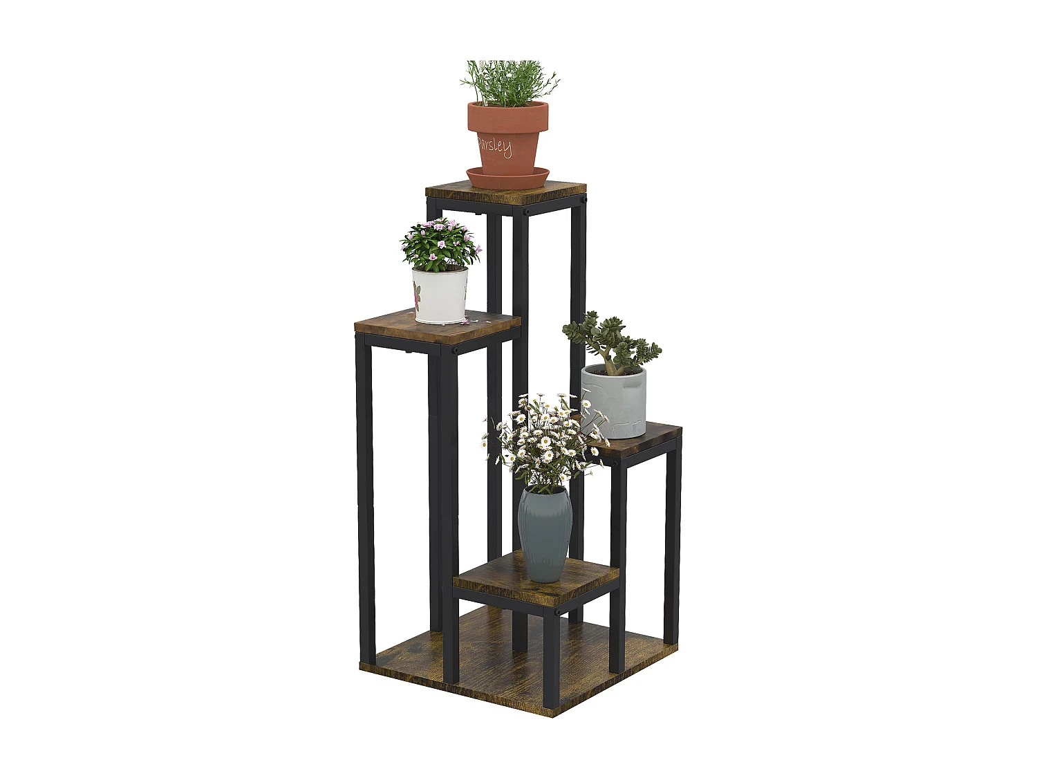 Support à fleurs style industriel 5 niveaux - porte plante 4 étagères - acier époxy noir aspect bois foncé