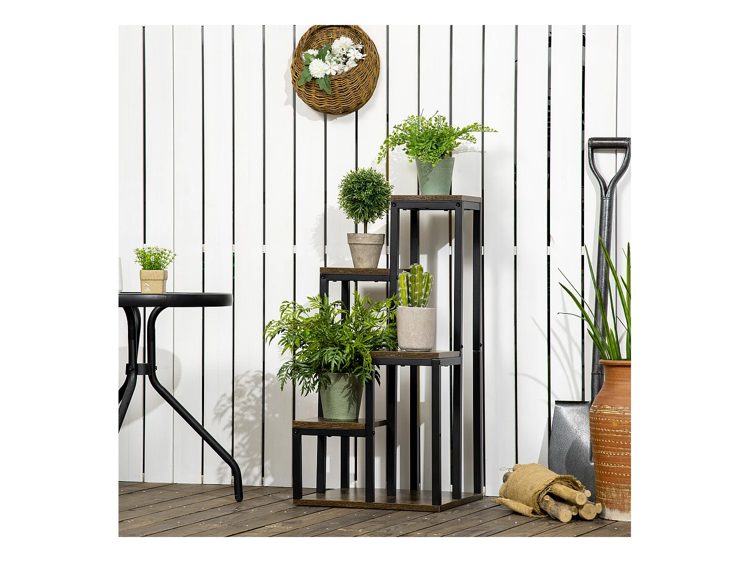 Support à fleurs style industriel 5 niveaux - porte plante 4 étagères - acier époxy noir aspect bois foncé