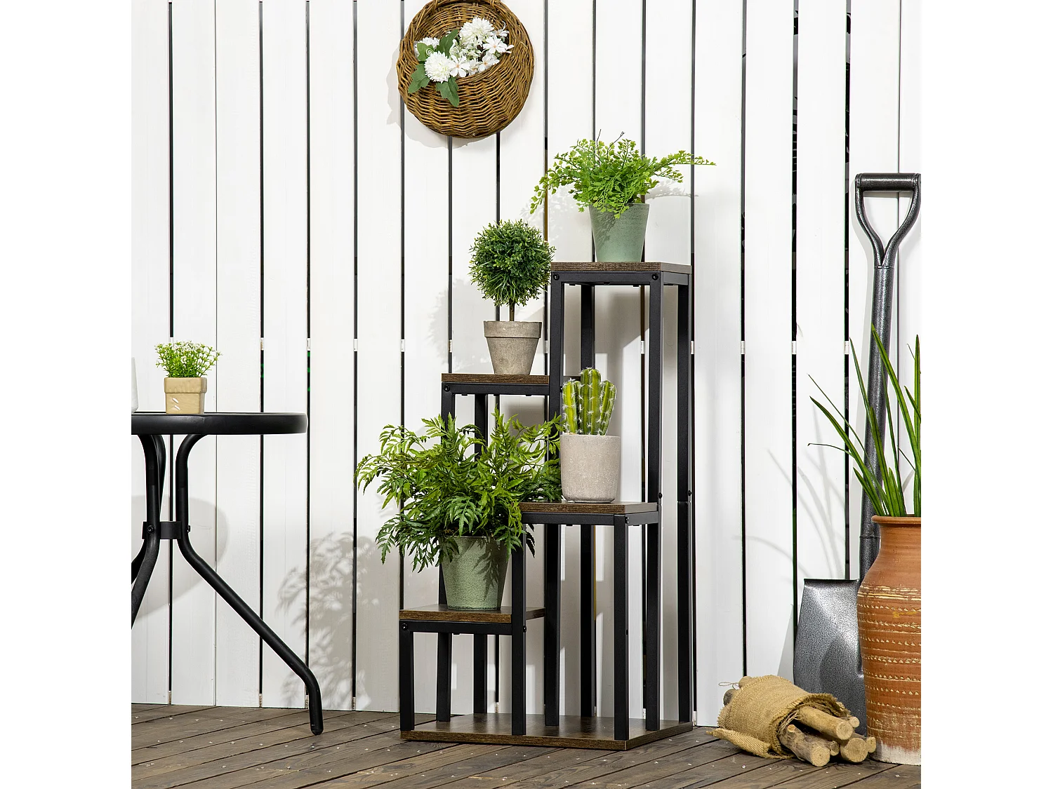 Support à fleurs style industriel 5 niveaux - porte plante 4 étagères - acier époxy noir aspect bois foncé