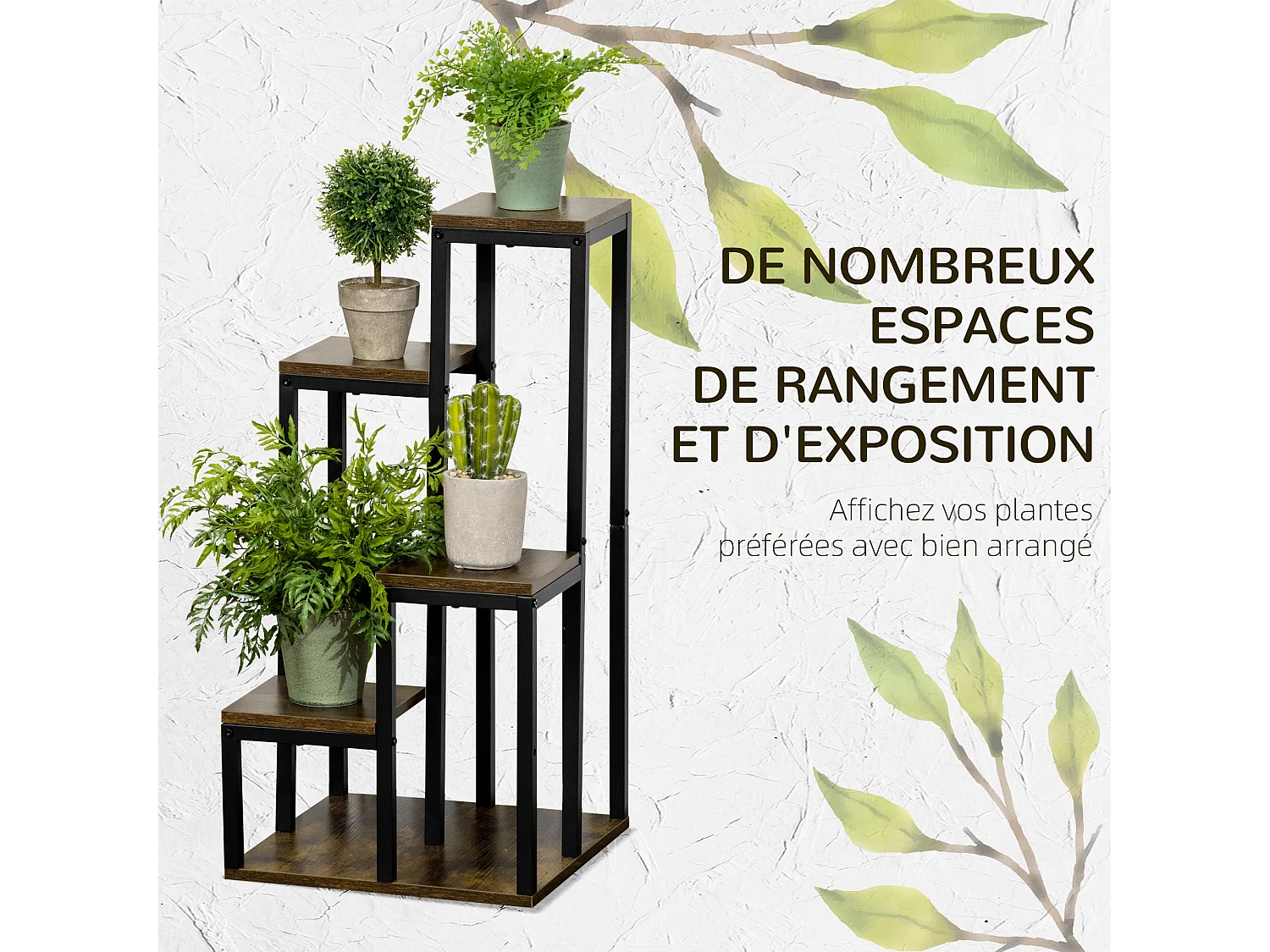 Support à fleurs style industriel 5 niveaux - porte plante 4 étagères - acier époxy noir aspect bois foncé
