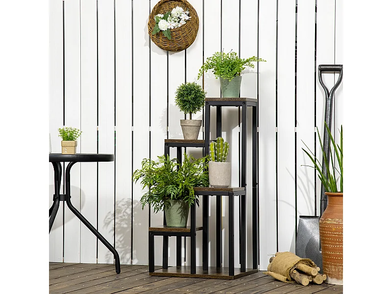 Support à fleurs style industriel 5 niveaux - porte plante 4 étagères - acier époxy noir aspect bois foncé
