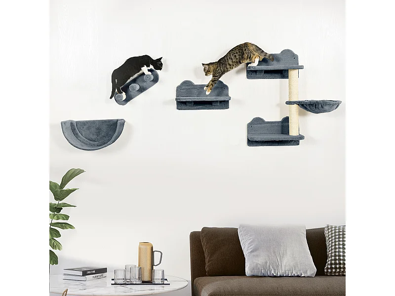 Mur d'escalade pour chat - arbre à chat design mural - griffoirs, plateformes, 2 paniers, échelle - sisal peluche gris