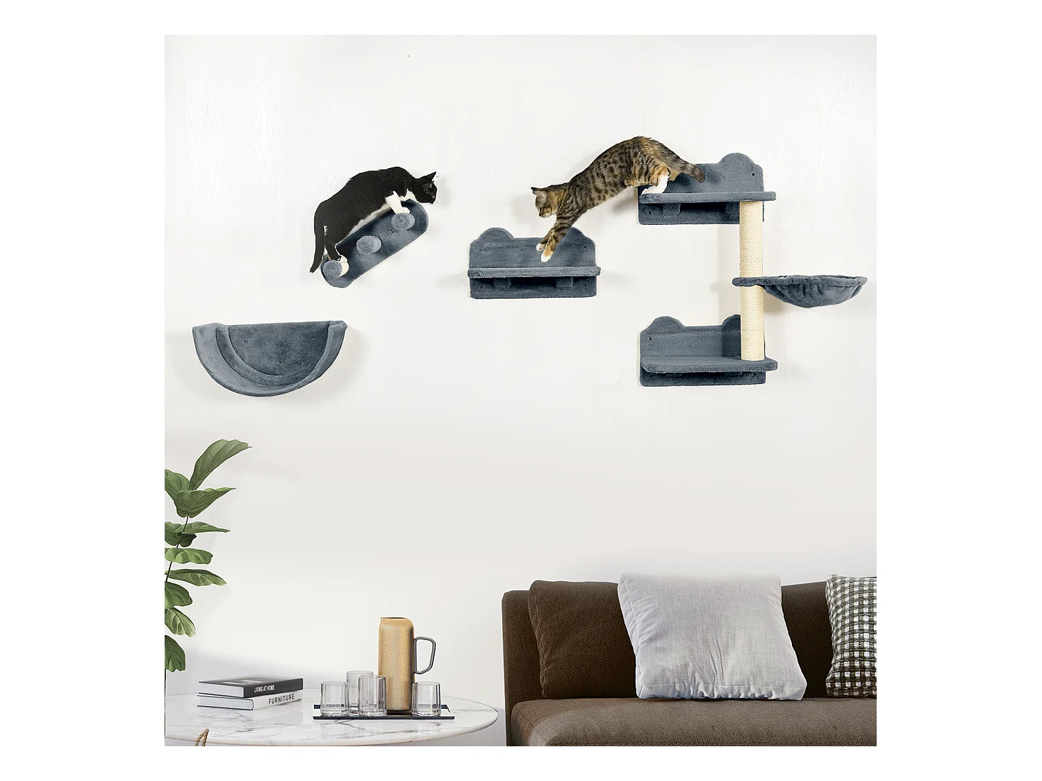 Mur d'escalade pour chat - arbre à chat design mural - griffoirs, plateformes, 2 paniers, échelle - sisal peluche gris