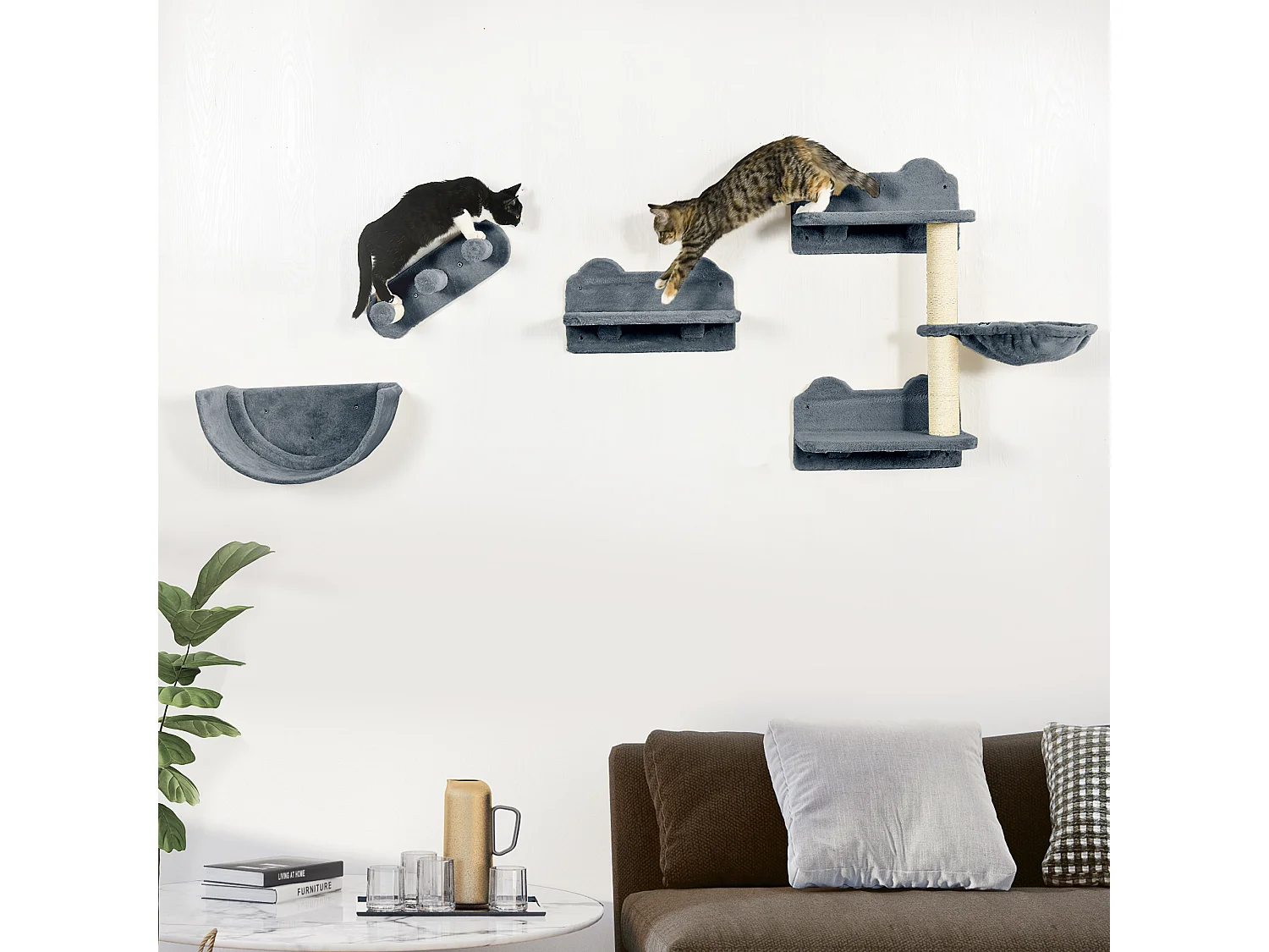 Mur d'escalade pour chat - arbre à chat design mural - griffoirs, plateformes, 2 paniers, échelle - sisal peluche gris