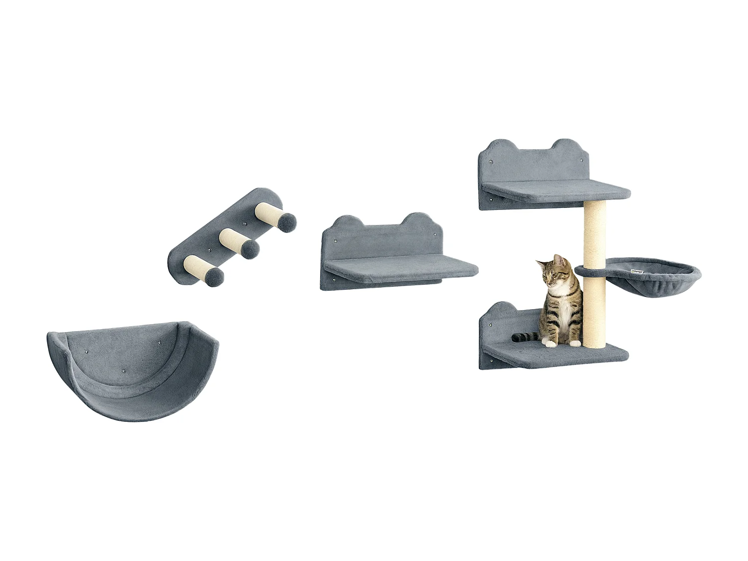 Mur d'escalade pour chat - arbre à chat design mural - griffoirs, plateformes, 2 paniers, échelle - sisal peluche gris