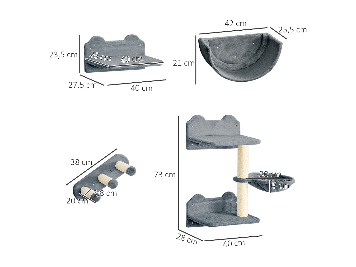 Mur d'escalade pour chat - arbre à chat design mural - griffoirs, plateformes, 2 paniers, échelle - sisal peluche gris