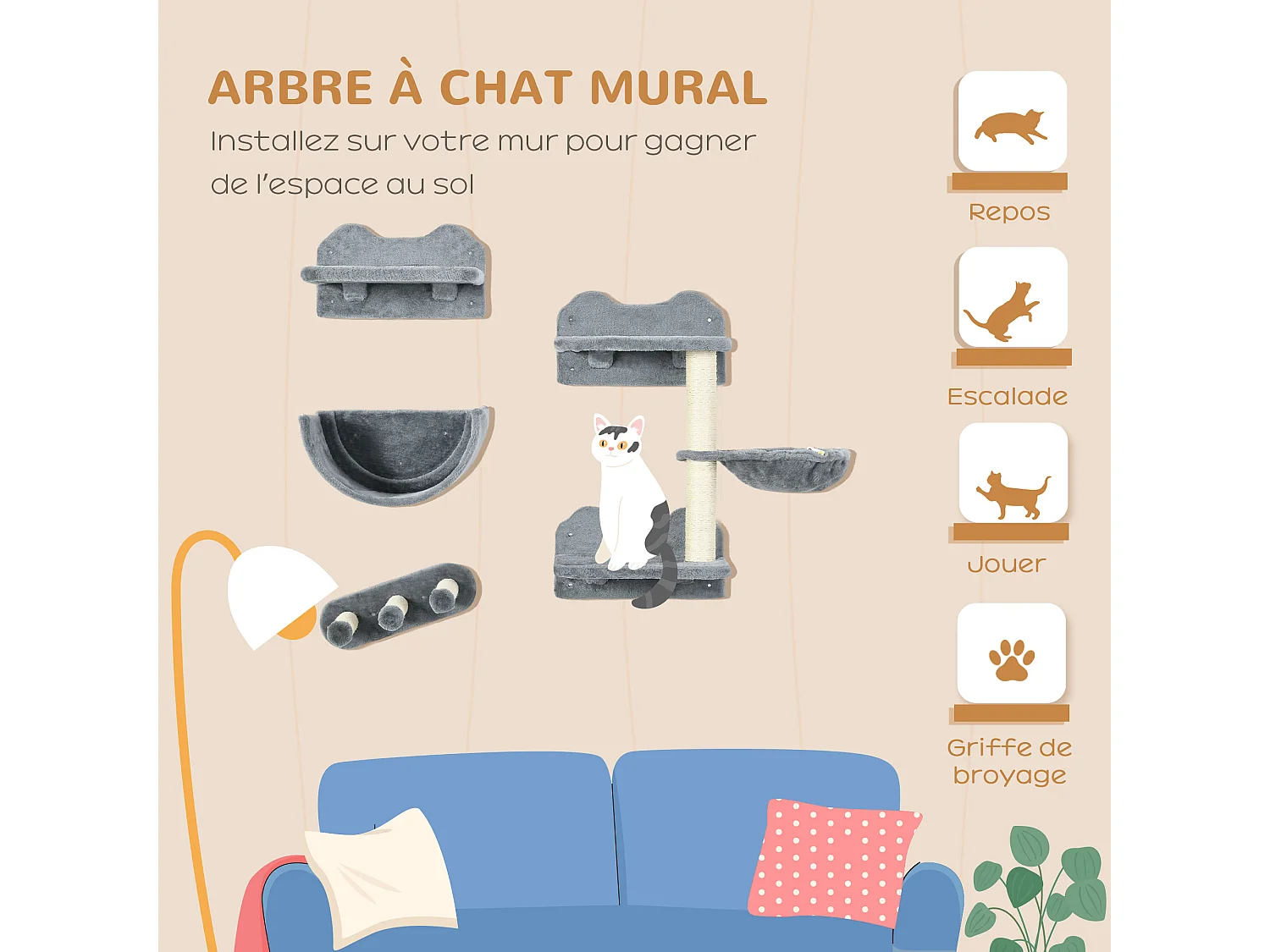Mur d'escalade pour chat - arbre à chat design mural - griffoirs, plateformes, 2 paniers, échelle - sisal peluche gris