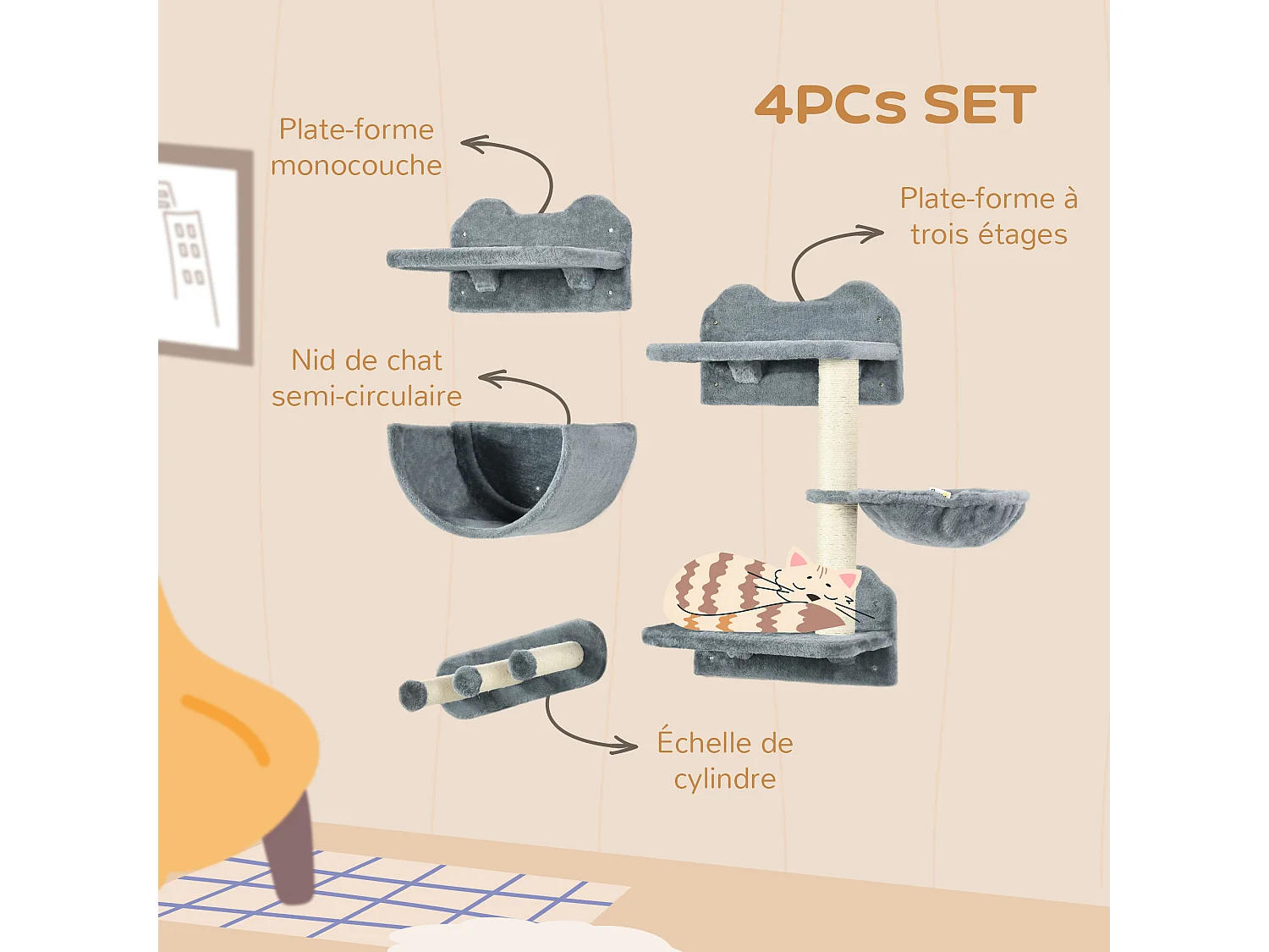 Mur d'escalade pour chat - arbre à chat design mural - griffoirs, plateformes, 2 paniers, échelle - sisal peluche gris