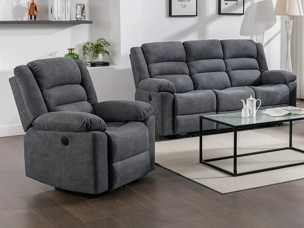 3-Sitzer-Sofa & elektrischer Relaxsessel - Grau - Stoff - BUROLO