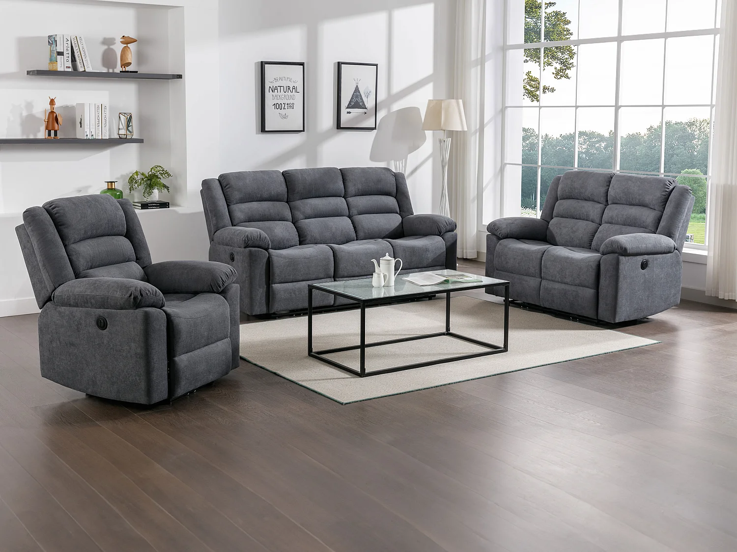 Canapé 3 places, 2 places et fauteuil relax électrique en tissu gris BUROLO