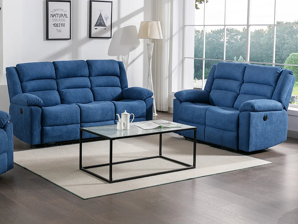 Driezitsbank en tweezitsbank met elektrische relaxfunctie van blauwe stoffen bekleding BUROLO