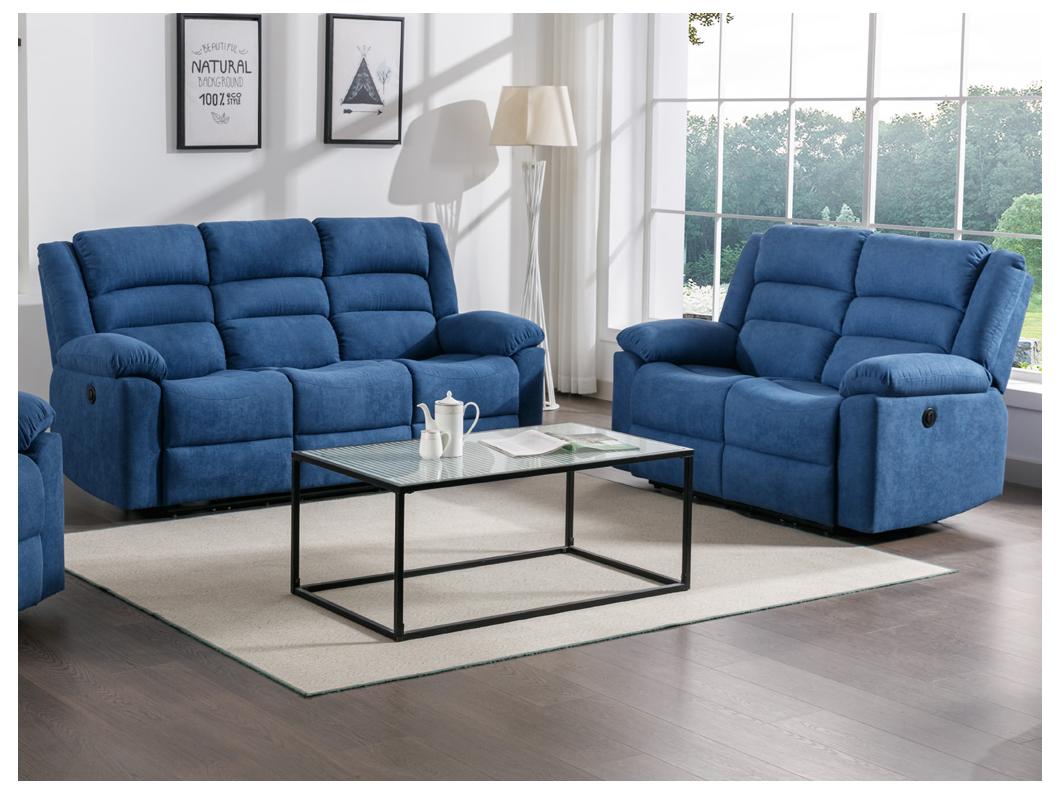 3-Sitzer-Sofa & 2-Sitzer elektrische Relaxsessel - Blau - Stoff - BUROLO