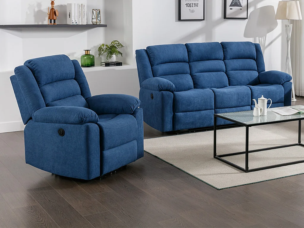 Canapé 3 places et fauteuil relax électrique en tissu bleu BUROLO