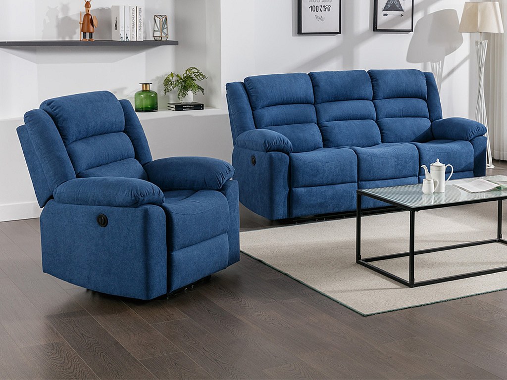 3-Sitzer-Sofa & elektrischer Relaxsessel - Blau - Stoff - BUROLO günstig online kaufen