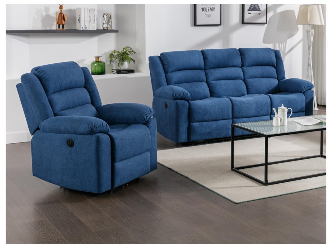 Divano 3 posti e Poltrona relax elettrica in Tessuto Blu - BUROLO