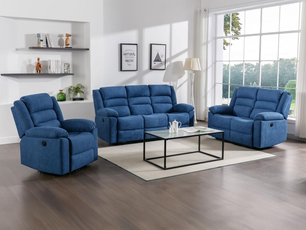 Canapé 3 places, 2 places et fauteuil relax électrique en tissu bleu BUROLO