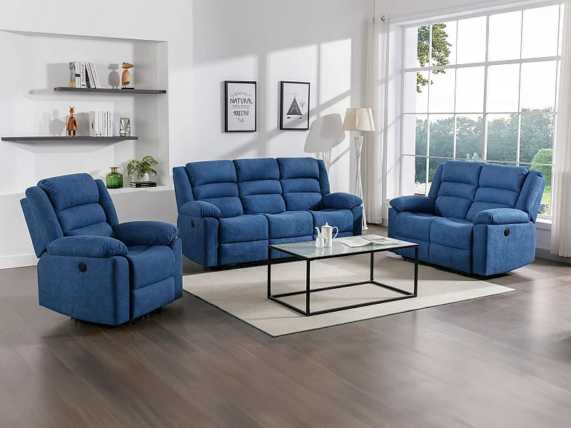 3-Sitzer-Sofa, 2-Sitzer-Sofa & elektrischer Relaxsessel - Blau - Stoff - BUROLO