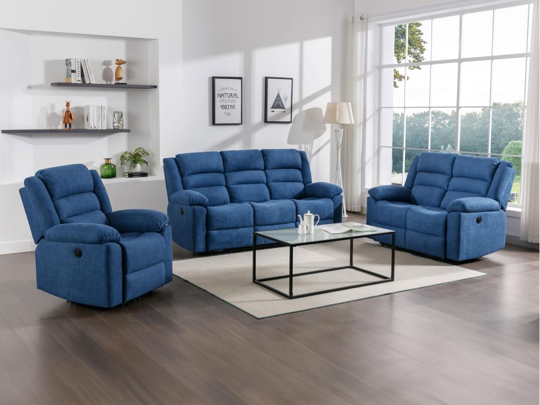 3-Sitzer Sofa, 2-Sitzer Sofa & elektrischer Relaxsessel - Blau - Stoff - BUROLO