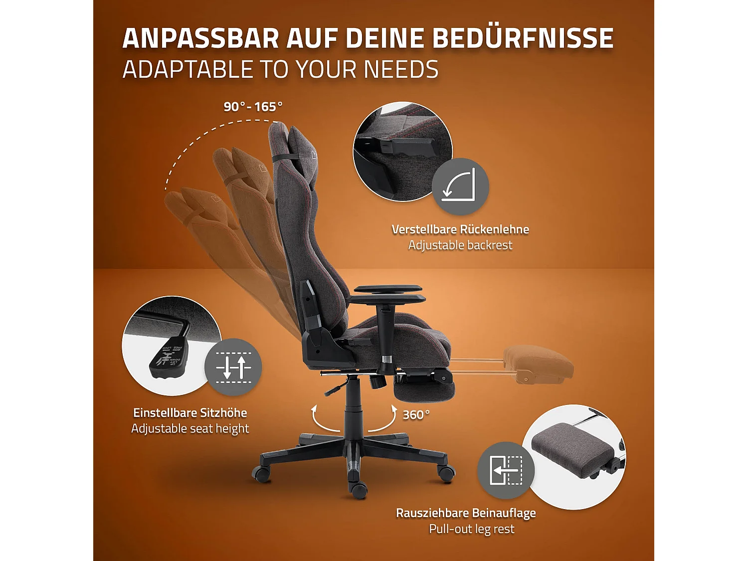 Chaise de gaming chaise de bureau pivotante réglable 122-131cm gris/joints rouge